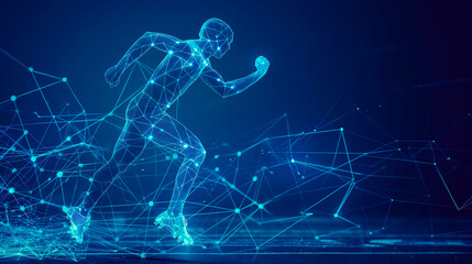 Futuristic Runner in Digital Mesh Network. A dynamic 3D digital mesh model of a runner, highlighting motion and speed in the context of advanced technology and data analytics.