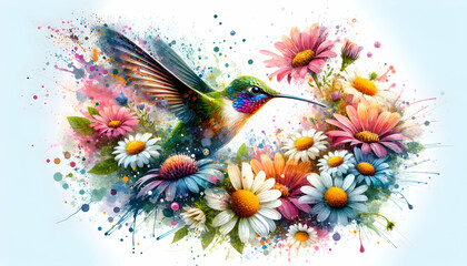 Vibrant Nature Dance: 3D Icon of Fluttering Petals and a Hummingbird Amongst Vibrant Flowers - Close-Up Small Animal Double Exposure Photo