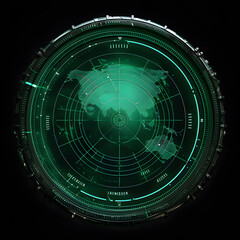 green radar screen with world map on dark background