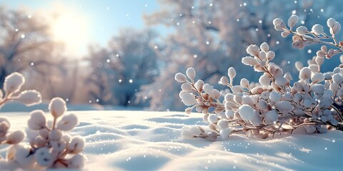 Sunlit Winter Landscape with Frosty Flora A Serene Snowy Scene