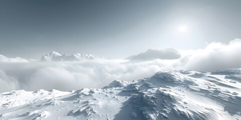 Sunshine Piercing Clouds and Mist over Snowy Mountain Peaks in a Panoramic 3D Rendering