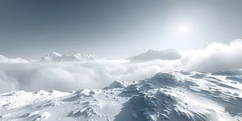 Deurstickers Sunshine Piercing Clouds and Mist over Snowy Mountain Peaks in a Panoramic 3D Rendering © prasong.