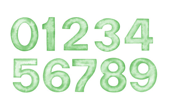 Hand painted watercolor green numbers 0-9 isolated on a white background.