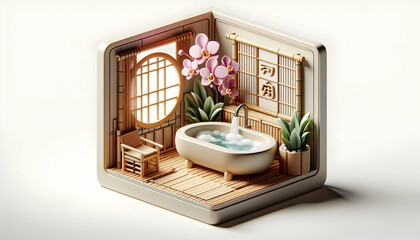 3D Japanese Zen Bathroom with Bamboo and Orchid for Harmonious Natural Interior Design