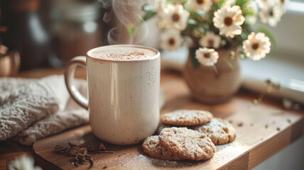 Cozy hot chocolate and cookies setup