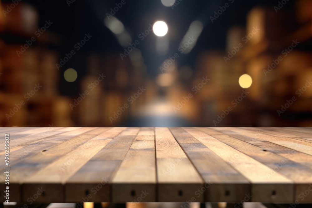 Poster the empty wooden table top with blur background of warehouse storage. exuberant image. generative ai