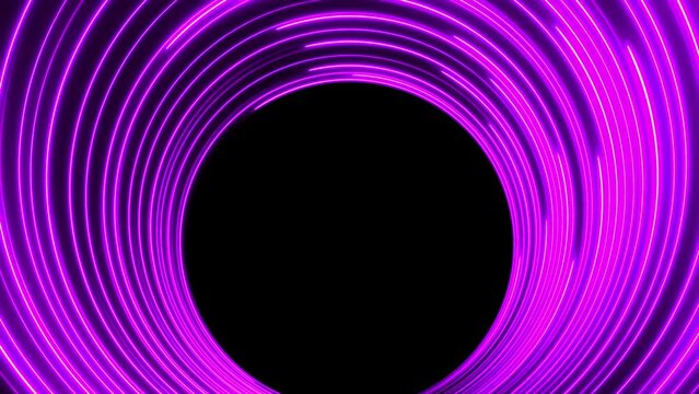 Violet neon lines move in a circle on a dark background with free space in the center. Animated looping background. Use overlay or add to make the background transparent.