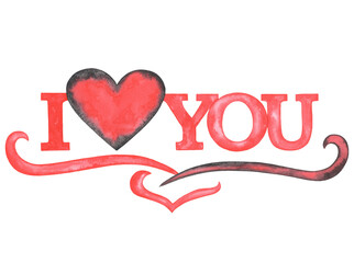 Watercolor Red sign I love you, hand drawn text with big heart and decor elements