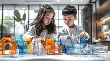 two asian kids playing with tiny city, building bricks for kids, imagination, future architects, doodle, playful time, no-screens