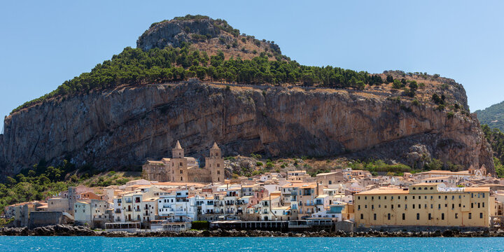 Panoramic view of Cefalu, northern Sicily, shot from the sea
