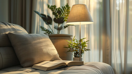 Cozy living room setting with book and lamp