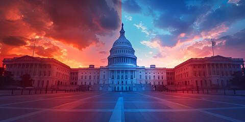 Election Divide: US Capitol at Sunset. A dynamic image of the US Capitol, bathed in blue and red hues, illustrating the electoral divide between Republicans and Democrats - obrazy, fototapety, plakaty