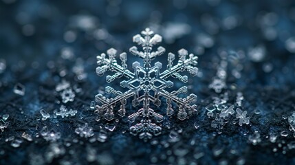Close-up view of a pristine snowflake revealing the geometric symmetry of its unique structure, Concept of natural perfection and winter wonder - obrazy, fototapety, plakaty