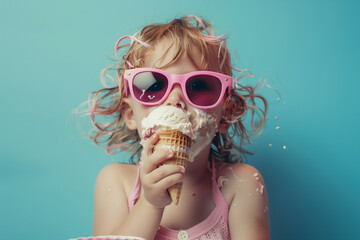 a girl eating ice cream and gets messy, joyful happy summer time on blue background (3)