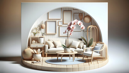 3D Icon of Scandinavian Serenity: Minimalist Living Room with Clean Lines and a Delicate Orchid, Realistic Interior Design with Nature Photo Stock Construction Concept
