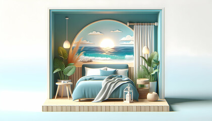 Seaside Serenity: Coastal 3D Bedroom with Soft Blues, Seagrass Plant, and Realistic Beachfront Feel - Interior Design Nature Concept