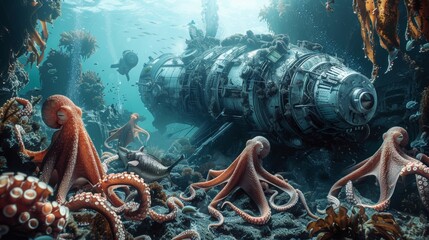 In this vivid illustration, marine creatures explore the enigmatic remains of a spaceship that has come to rest in the depths of the ocean. - obrazy, fototapety, plakaty