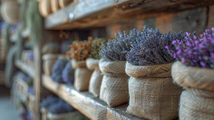 Lavender sachets on wooden shelves. - obrazy, fototapety, plakaty