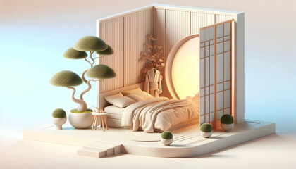 Realistic 3D Interior Design of Serenity Suite with Soft Hues and Bonsai: Tranquil Bedroom Concept with Nature Photo Stock