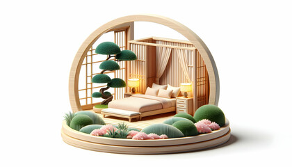 3D Icon: Serenity Suite - A Tranquil Bedroom with Soft Hues, Bonsai, and Nature-Inspired Interior Design
