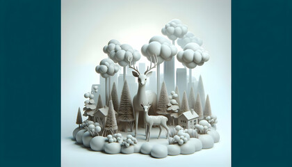 3D Icon: Serene Deer Family in a Smoggy Forest - Close-Up Double Exposure Stock Photo Concept