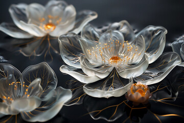 transparent lotus leaves on black background, detailed dreamscape artistic concept, glass flower sculptures (1)