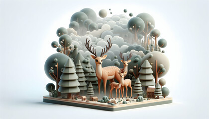 3D Icon: Smogged Serenity - A Deer Family Amidst a Foggy Forest, the Haze a Grim Reminder of Air Pollution. Close-Up Double Exposure Photo Stock for Construction Concept