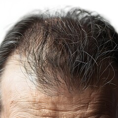 Middle-Aged Asian Mans Thinning Hair in Close-Up Detail on White Background