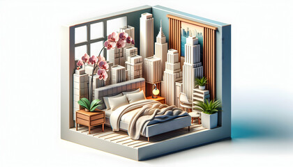 3D Urban Zen Bedroom with Cityscape Art and Potted Orchid - Realistic Interior Design and Nature Concept