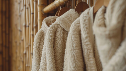 Row of beige fleece jackets on hangers.