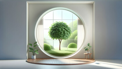 3D Icon: Verdant Vista - Realistic Minimalist Living Room with Expansive Windows and Lush Ficus Tree - Interior Design Nature Concept