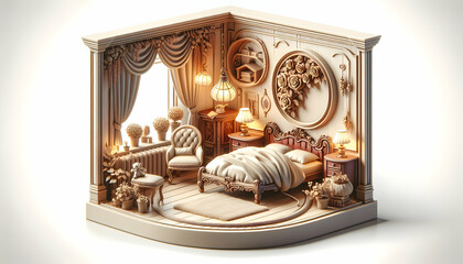 3D Icon: Vintage Dream - Realistic Interior Design of Nostalgic Bedroom with Antique Touches and Nature Photo Stock