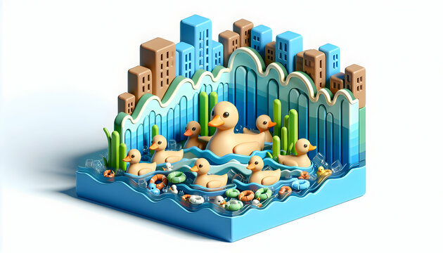 3D Icon: Wasted Waters - A Family of Ducks swimming in a River Marred by Plastic Waste - A Call to Action for Water Cleanliness - Close-up Small Animal Double Exposure - Stock Photo Construction Conce