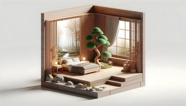 Whispering Woods: Realistic 3D Icon of a Bedroom with Nature-inspired Interior Design and Wooden Accents, Featuring a Bonsai Tree - Stock Construction Concept