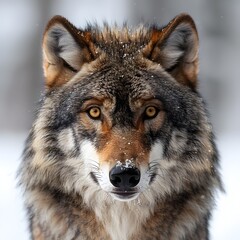 Naklejka premium Grey Wolf Portrait in Winter Forest A Close-Up Study of Detailed Fur and Intense Gaze