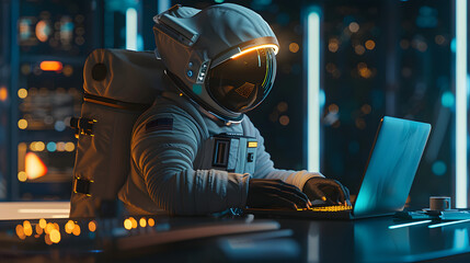 Astronaut sitzt an einem Schreibtisch und arbeitet am Laptop 