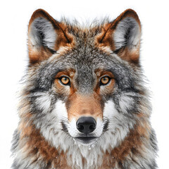 Fototapeta premium Majestic Wolf Portrait with Soft Lighting and Detailed Fur on White Background