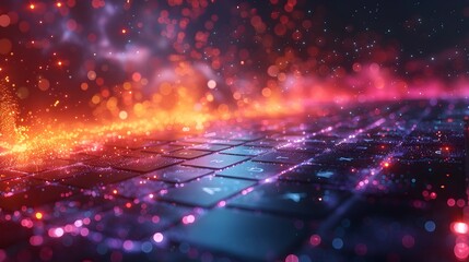Digital Data Particles Flowing Over Laptop Keyboard in a Futuristic Atmosphere