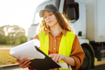 Young woman professional driver checking shipment list on a -parking lot. People and industrial...