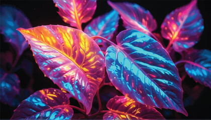 Illuminated Foliage. Modern Vector Illustration with Dazzling Holographic Effects.