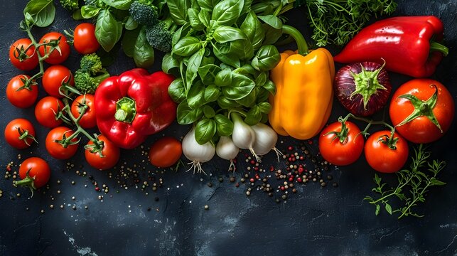 Vibrant Assortment of Fresh Organic Vegetables and Herbs on a Dark Background