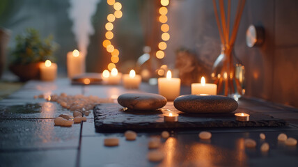 A serene spa setup with candles and stones.