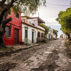 Street in the Spanish colonial neighborhood. Colorful historic city. Old townhouses, colonial architecture 
 - obrazy, fototapety, plakaty