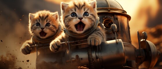 Two kittens in space suits riding on a steampunk motorcycle - obrazy, fototapety, plakaty