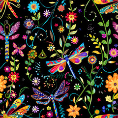 Obraz premium Bright colored Dragonflies on a Black Background