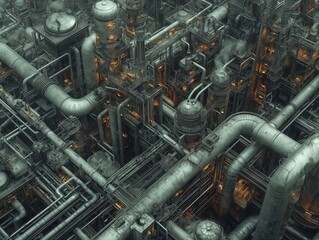A futuristic industrial plant with many pipes and tanks. The image has a mood of industrialization and technology