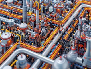 A very detailed drawing of a factory with many pipes and a lot of red and orange. The drawing is very detailed and it looks like it is a very busy place