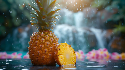 Tropical Pineapple Paradise - a background showcasing a tropical paradise with a pineapple, capturing the exotic and vibrant essence of the fruit wet with water droplet.