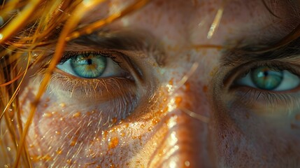 Ginger-Haired Mans Close-Up in Golden Hour Light with Blue-Green Eyes and Freckles