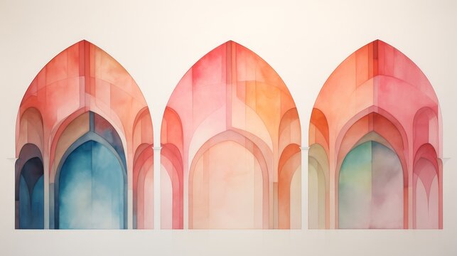 Three watercolor arches in pink, blue and green hues.